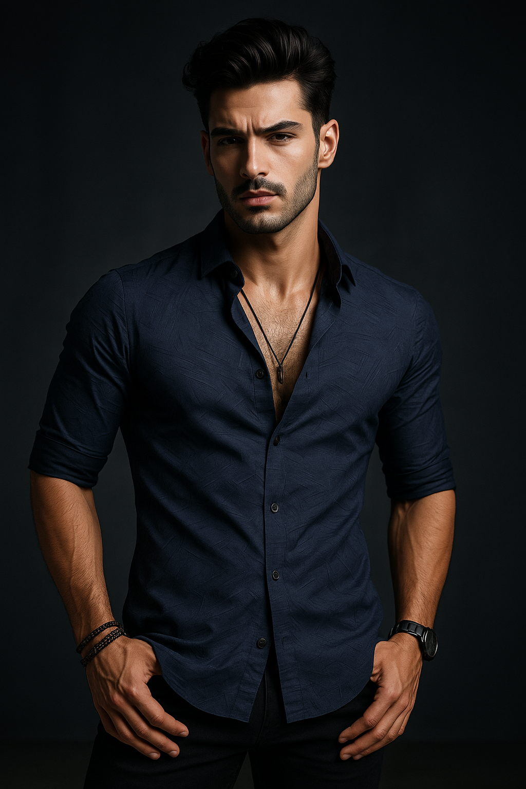 Navy Blue Textured Slim Fit Full Sleeves Shirt | TOG Fashion