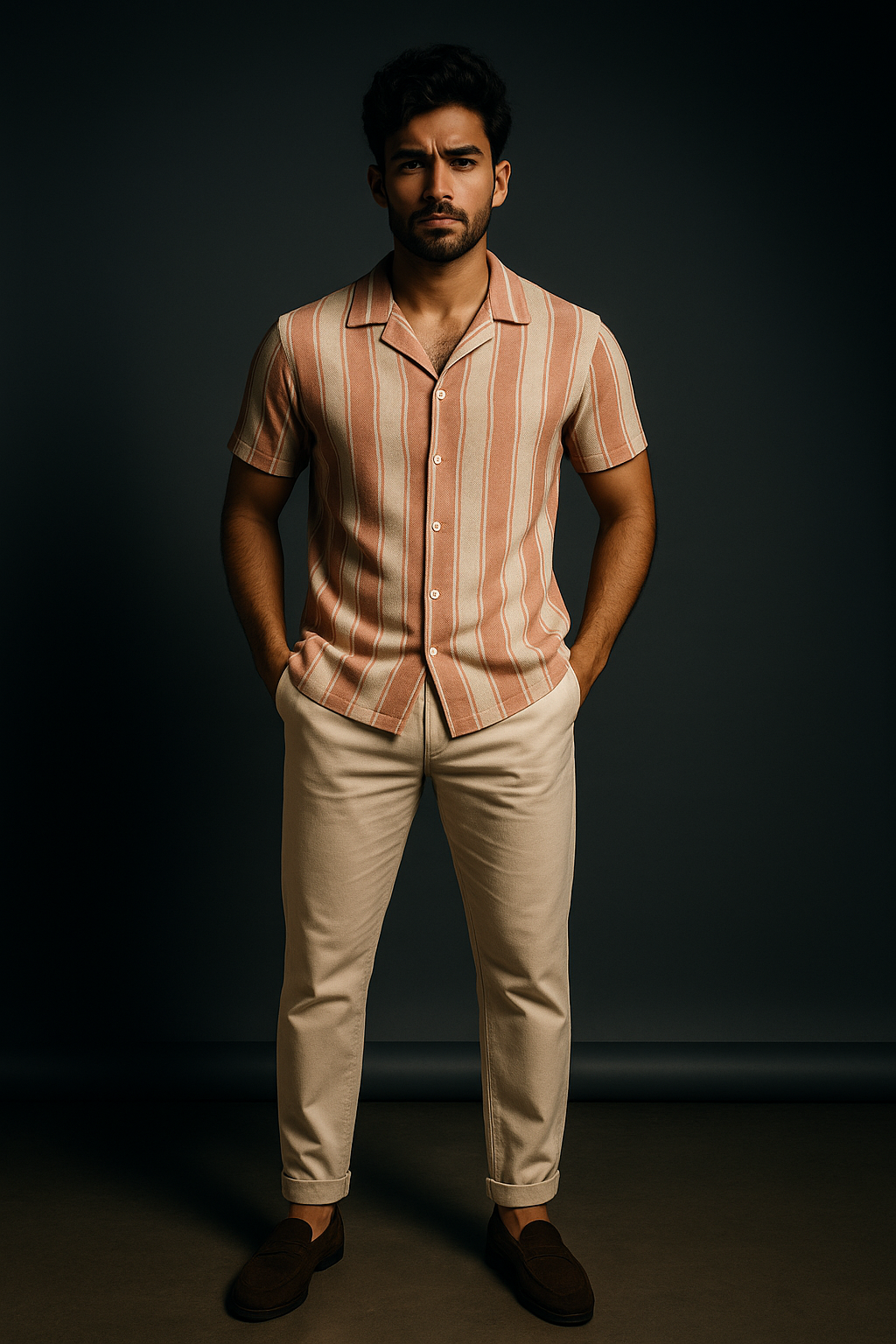 Orange Stripes Roman Textured Cuban Collar Half Sleeves Shirt | TOG Fashion