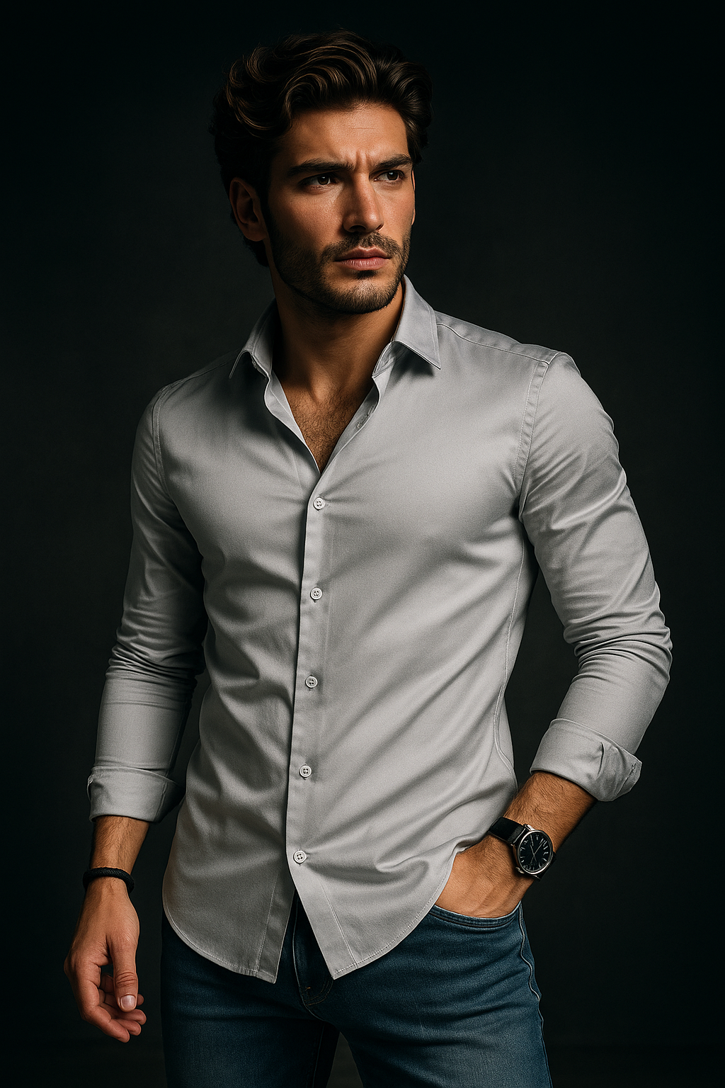 Grey Plain Lycra Regular Fit Full Sleeves Formal Shirt | TOG Fashion