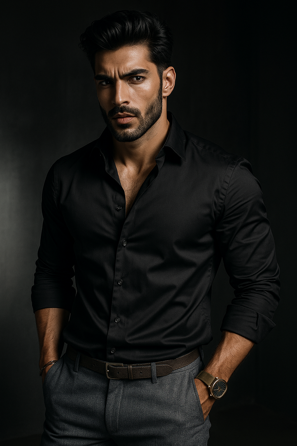 Black Plain Lycra Regular Fit Full Sleeves Formal Shirt | TOG Fashion