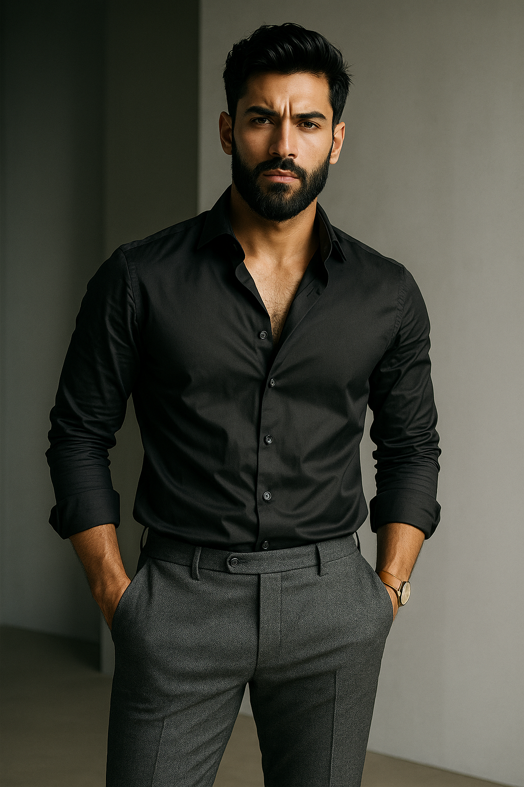 Black Plain Lycra Regular Fit Full Sleeves Formal Shirt | TOG Fashion