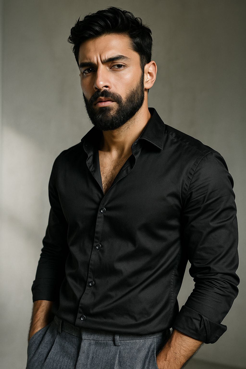 Black Plain Lycra Regular Fit Full Sleeves Formal Shirt | TOG Fashion