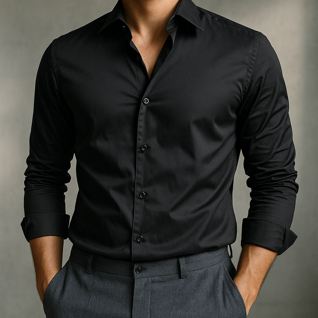 Black Plain Lycra Regular Fit Full Sleeves Formal Shirt | TOG Fashion