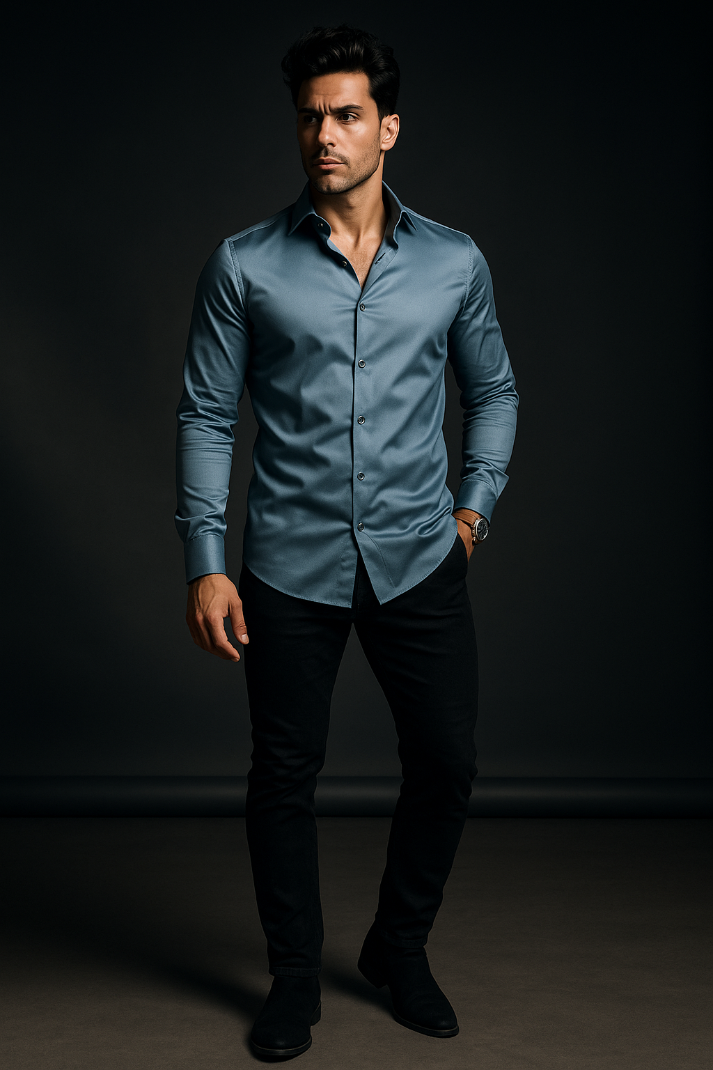 Deep Ocean Plain Lycra Regular Fit Full Sleeves Formal Shirt | TOG Fashion