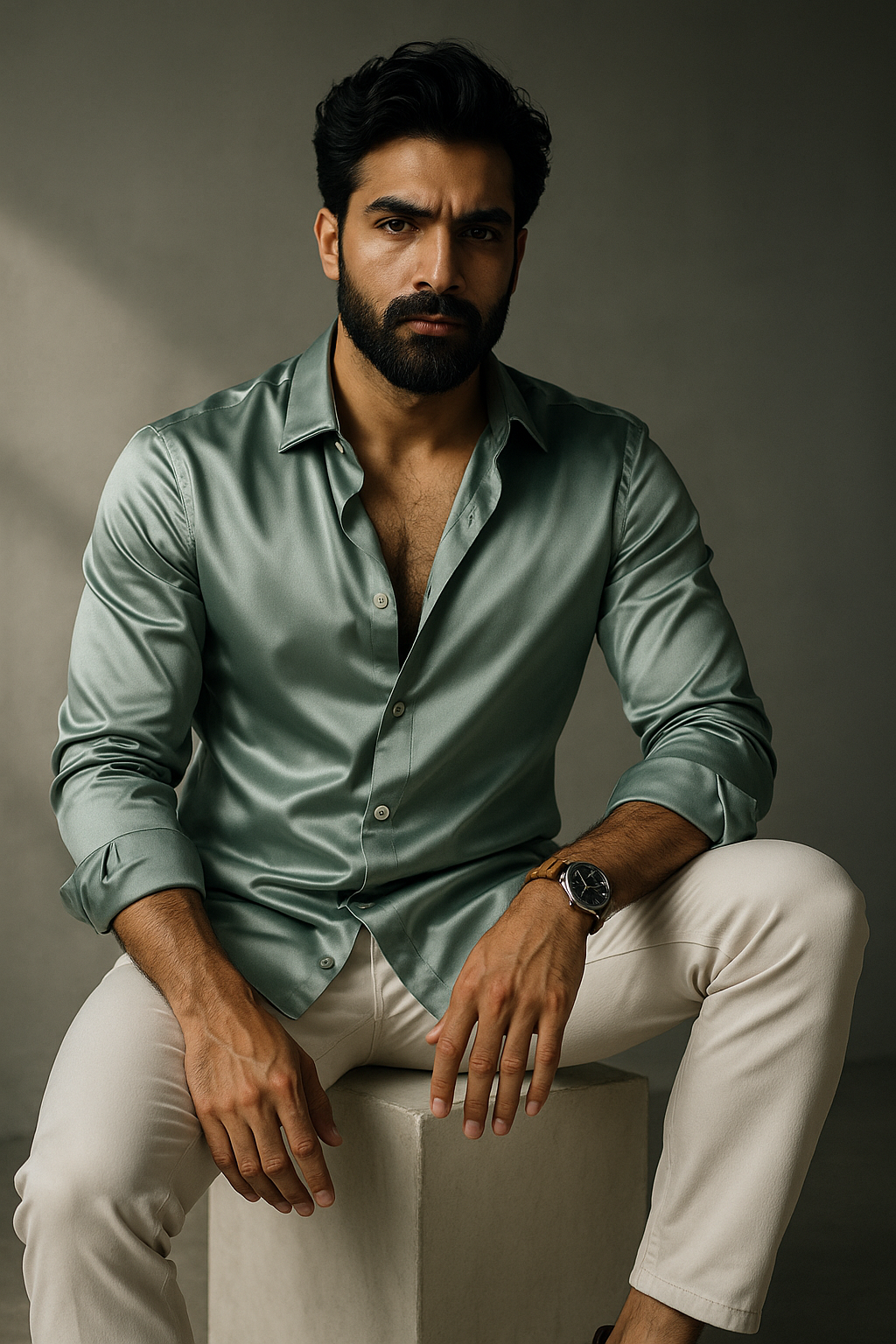 Grayish Green Premium Lycra Plain Regular Fit Full Sleeves Shirt | TOG Fashion