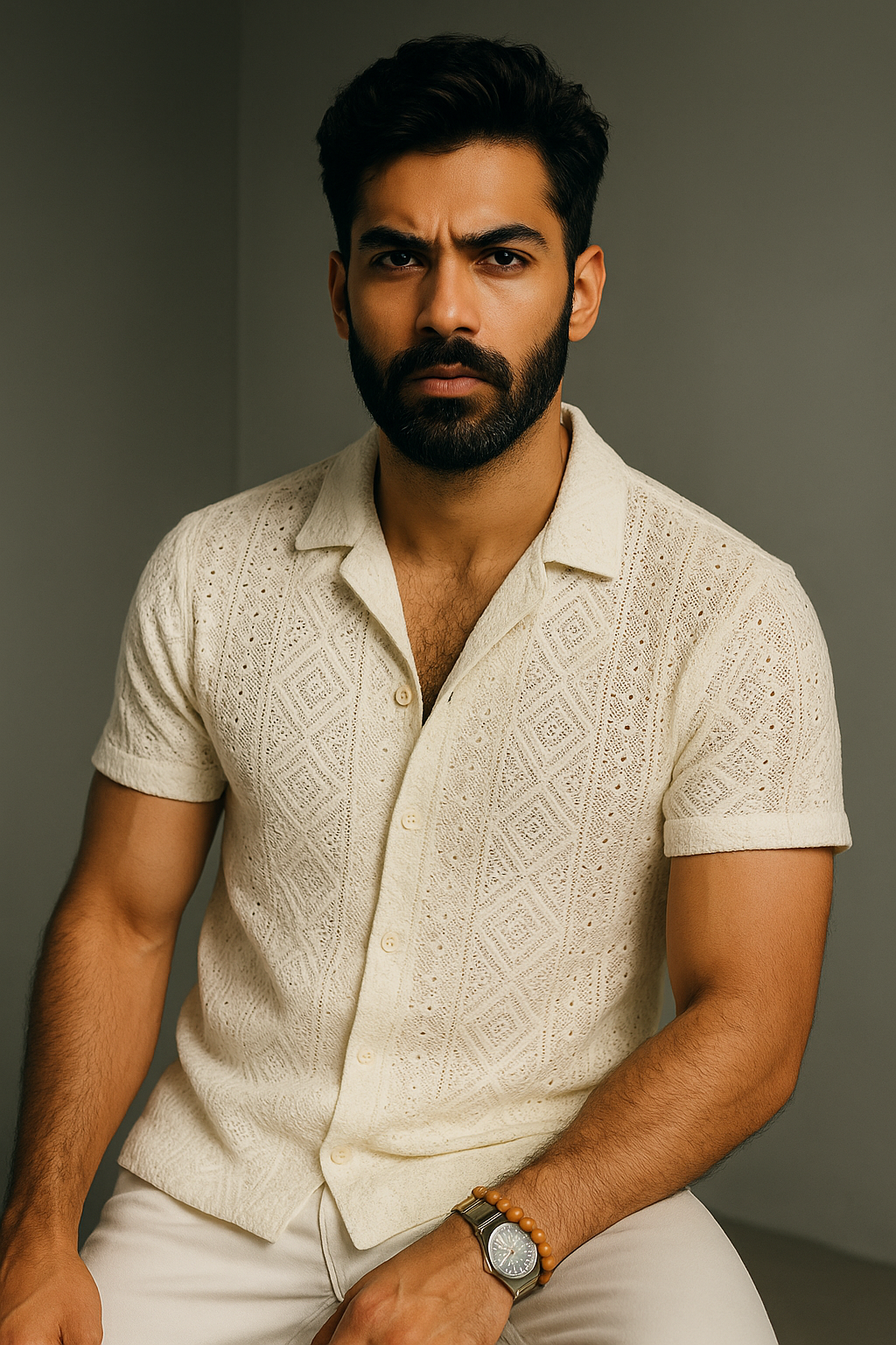 Whitish Cream Crochet Slim Fit Half Sleeves Shirt | TOG Fashion