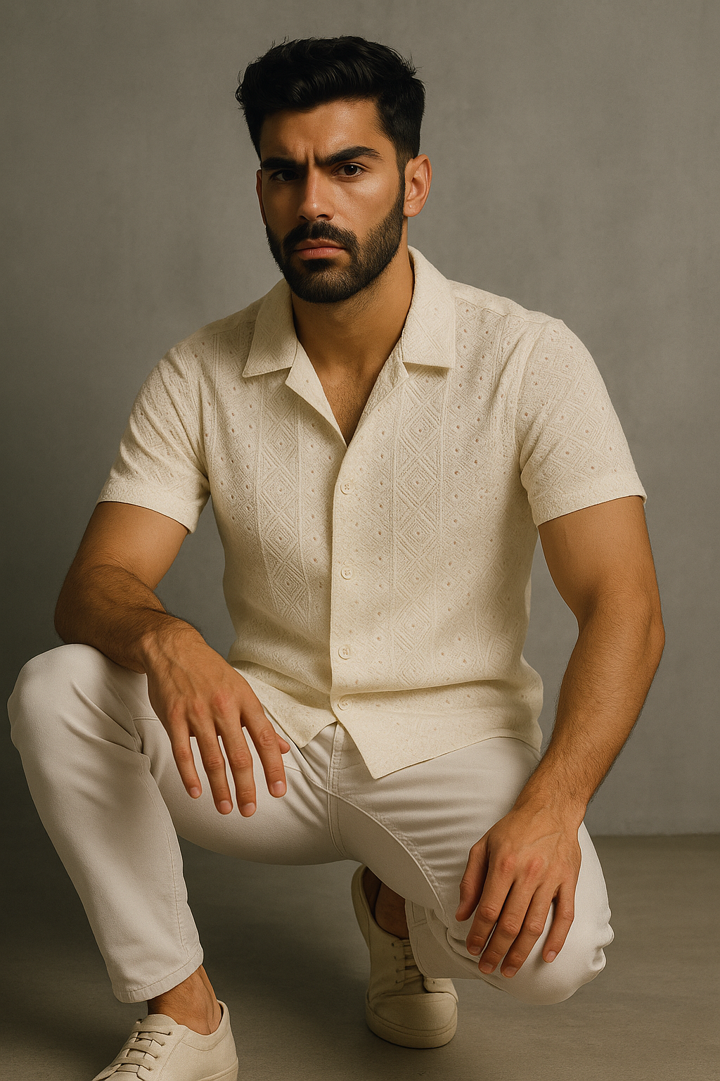 Whitish Cream Crochet Slim Fit Half Sleeves Shirt | TOG Fashion