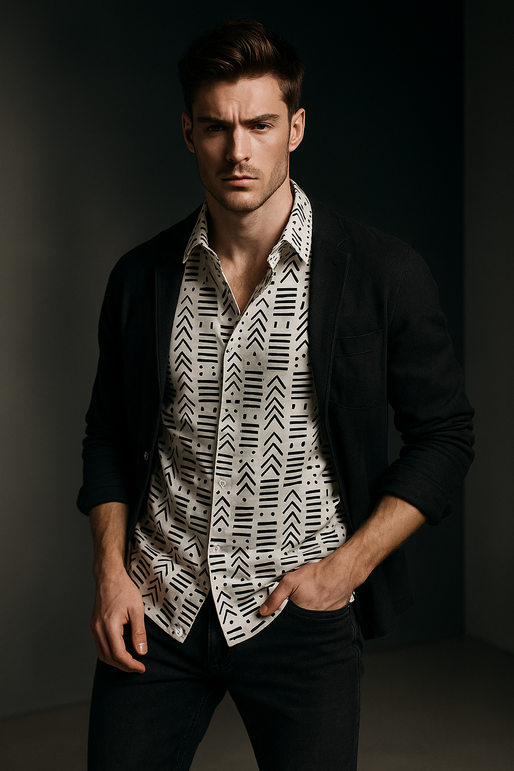 White and Black Premium Designer Print Regular Fit Full Sleeves Casual Shirt | TOG Fashion