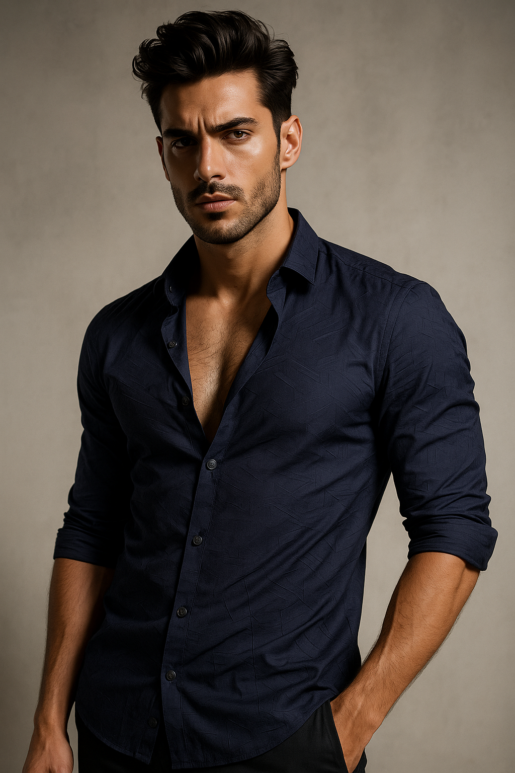 Navy Blue Textured Slim Fit Full Sleeves Shirt | TOG Fashion