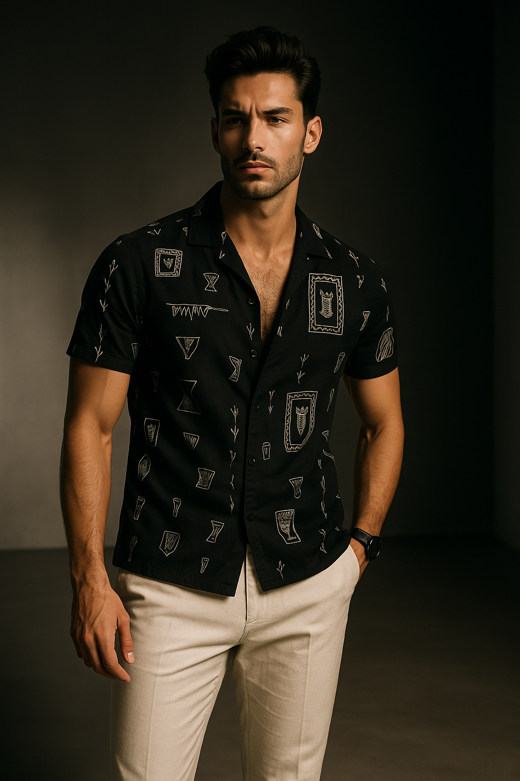 Black Embroidered Designer Slim Fit Half Sleeves Shirt | TOG Fashion