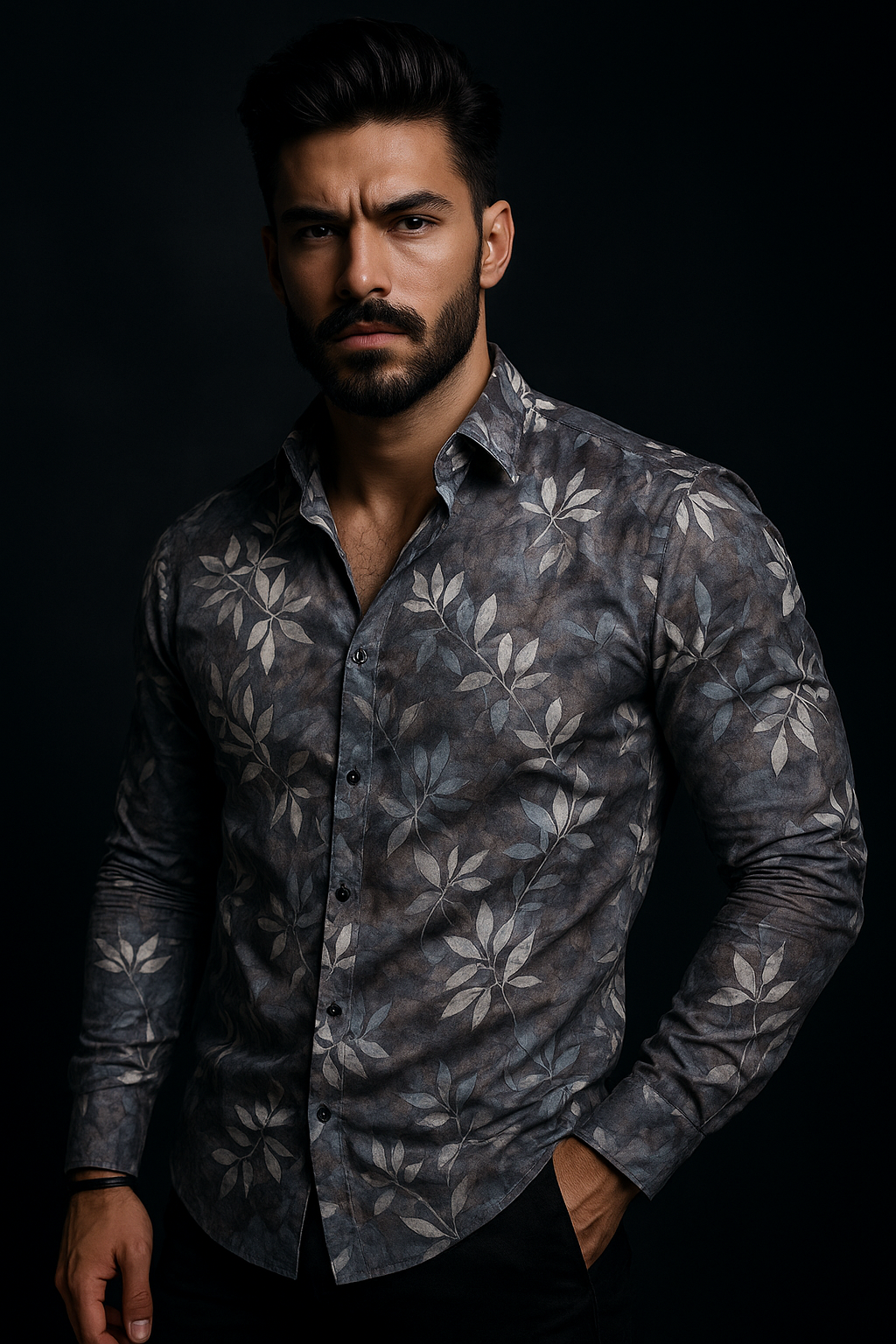 Grey lycra Floral Print Regular Fit Full Sleeves Casual Shirt | TOG Fashion