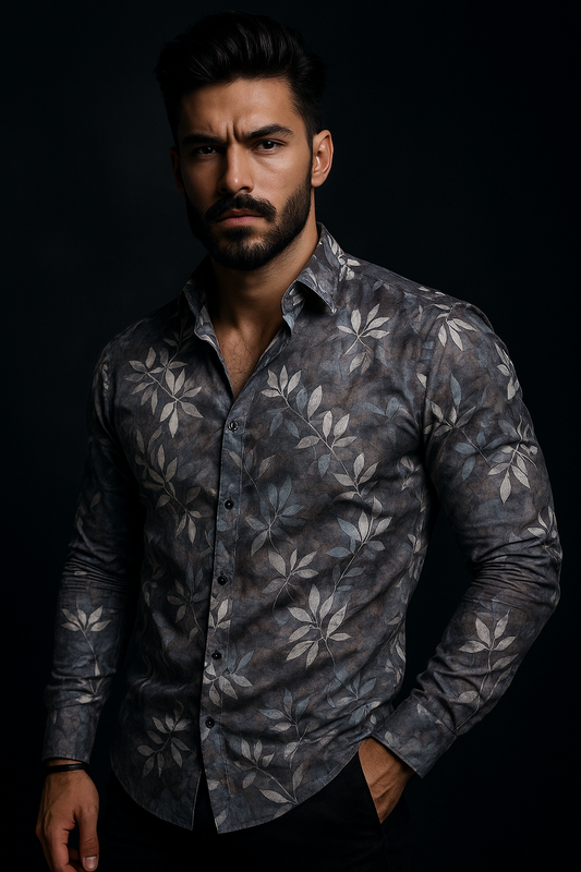 Grey lycra Floral Print Regular Fit Full Sleeves Casual Shirt | TOG Fashion