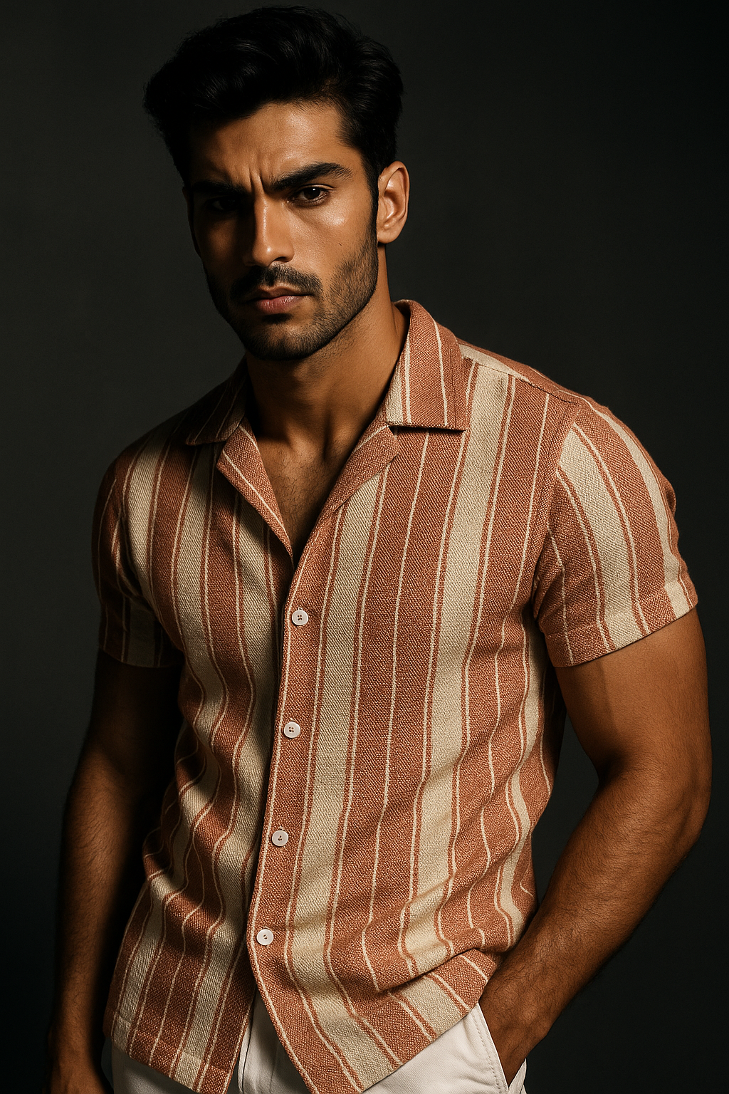 Orange Stripes Roman Textured Cuban Collar Half Sleeves Shirt | TOG Fashion