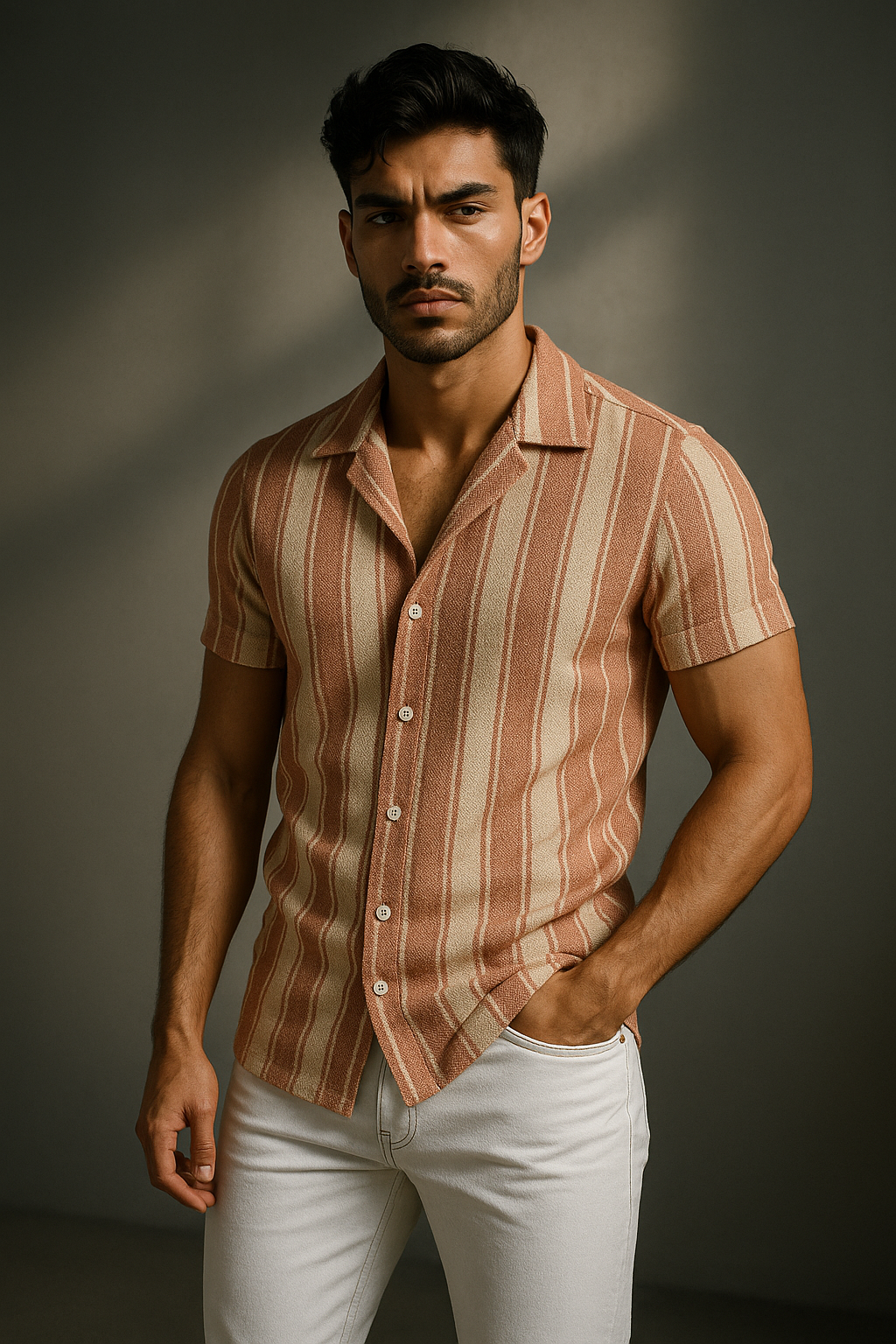 Orange Stripes Roman Textured Cuban Collar Half Sleeves Shirt | TOG Fashion