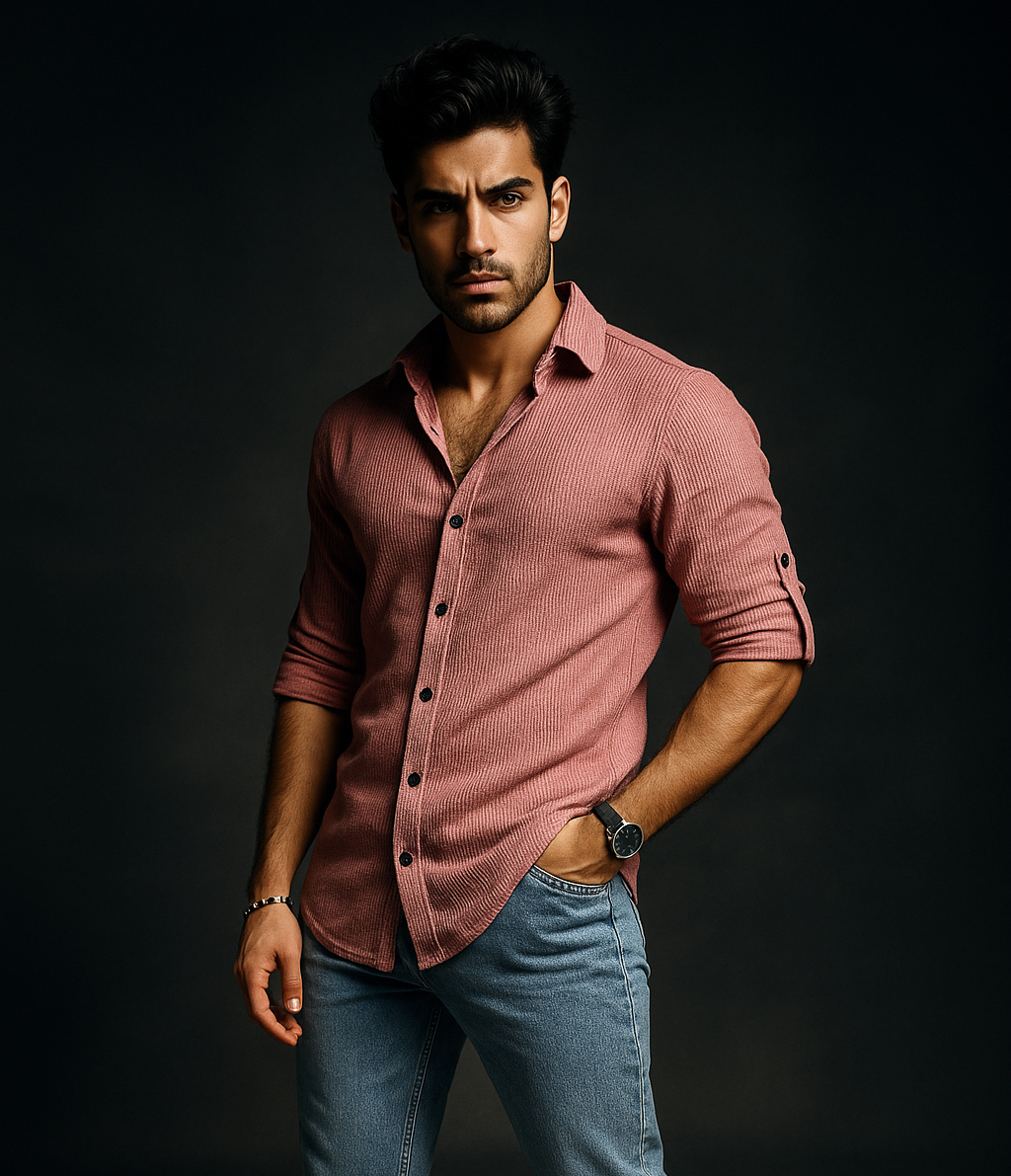 Pink Stretched Fabric Drop Shoulder Half Sleeve Casual Shirt | TOG Fashion