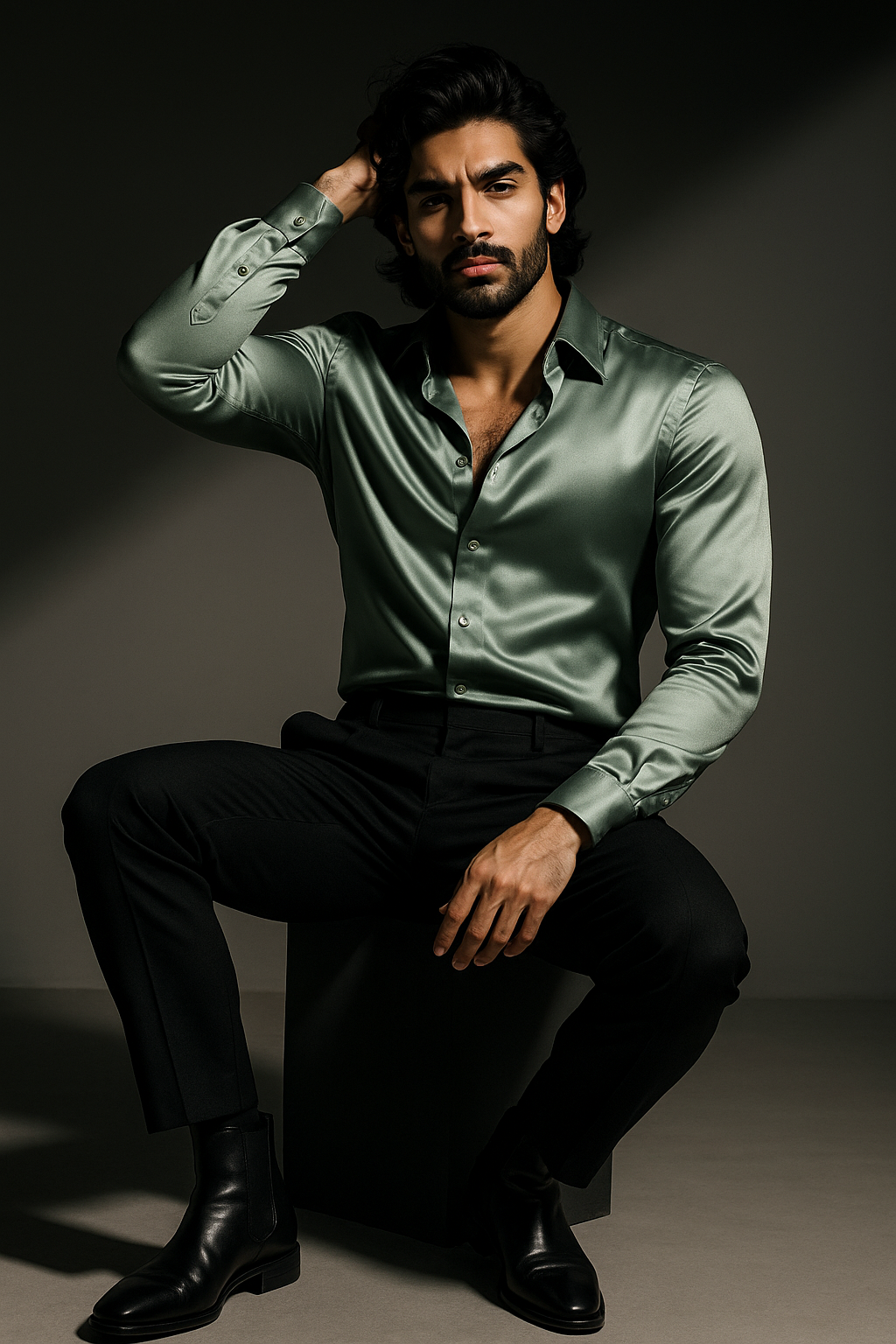 Grayish Green Premium Lycra Plain Regular Fit Full Sleeves Shirt | TOG Fashion