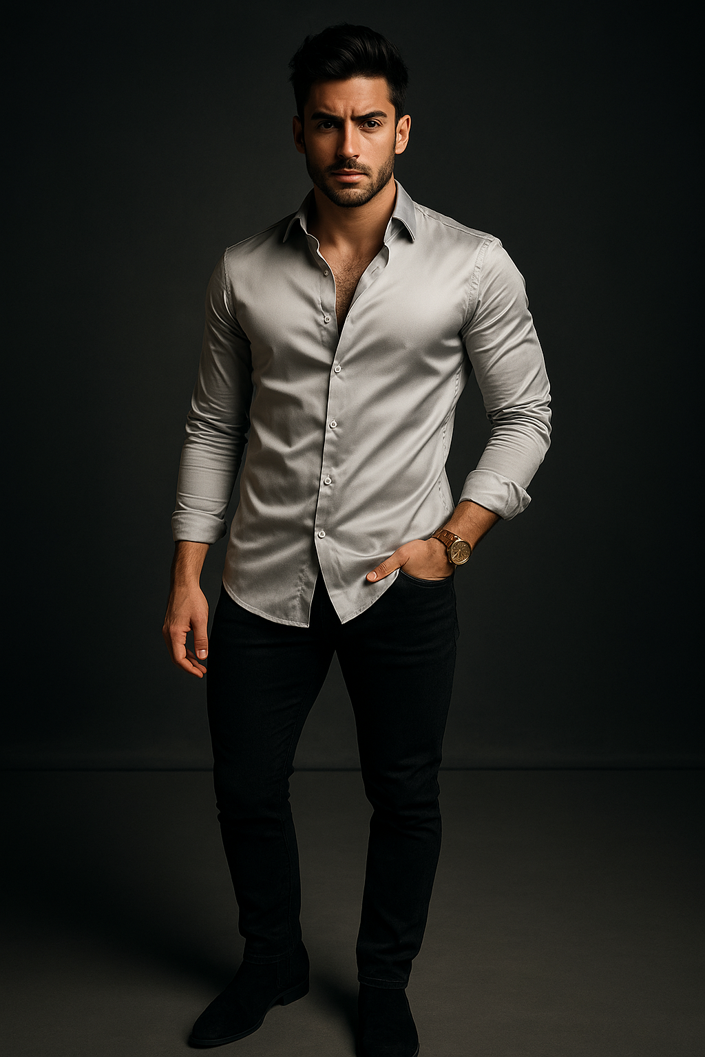 Grey Plain Lycra Regular Fit Full Sleeves Formal Shirt | TOG Fashion