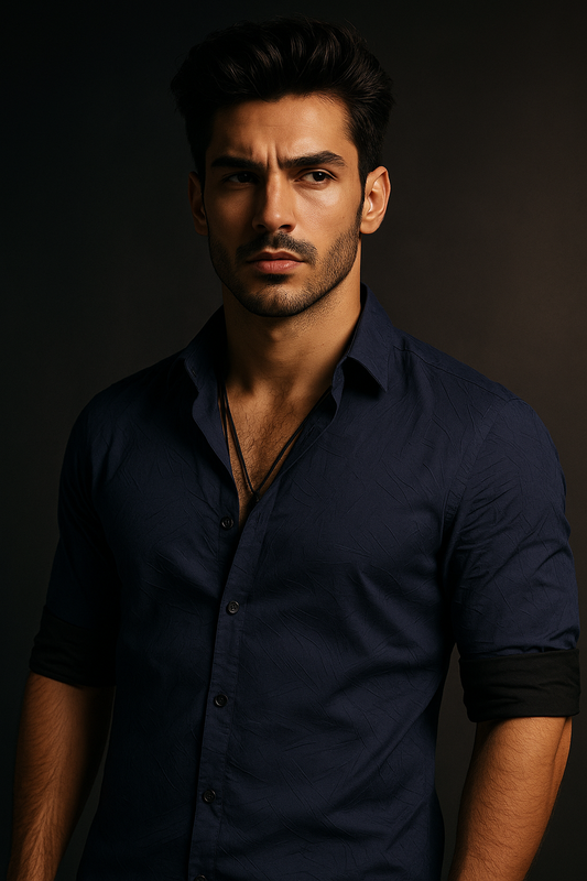 Navy Blue Textured Slim Fit Full Sleeves Shirt | TOG Fashion