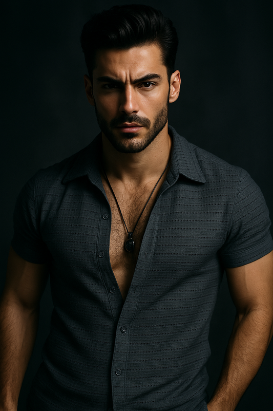 Light Navy Blue Cuban Collared Crochet Knitted Slim Fit half Sleeves Shirt | TOG Fashion