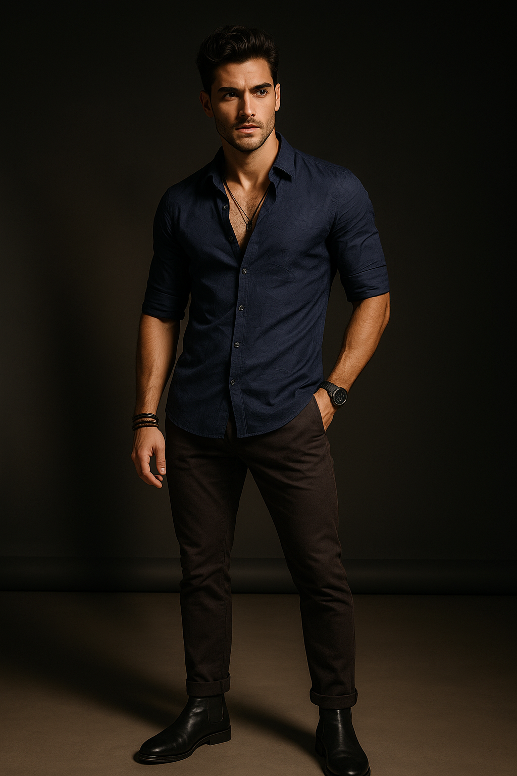 Navy Blue Textured Slim Fit Full Sleeves Shirt | TOG Fashion