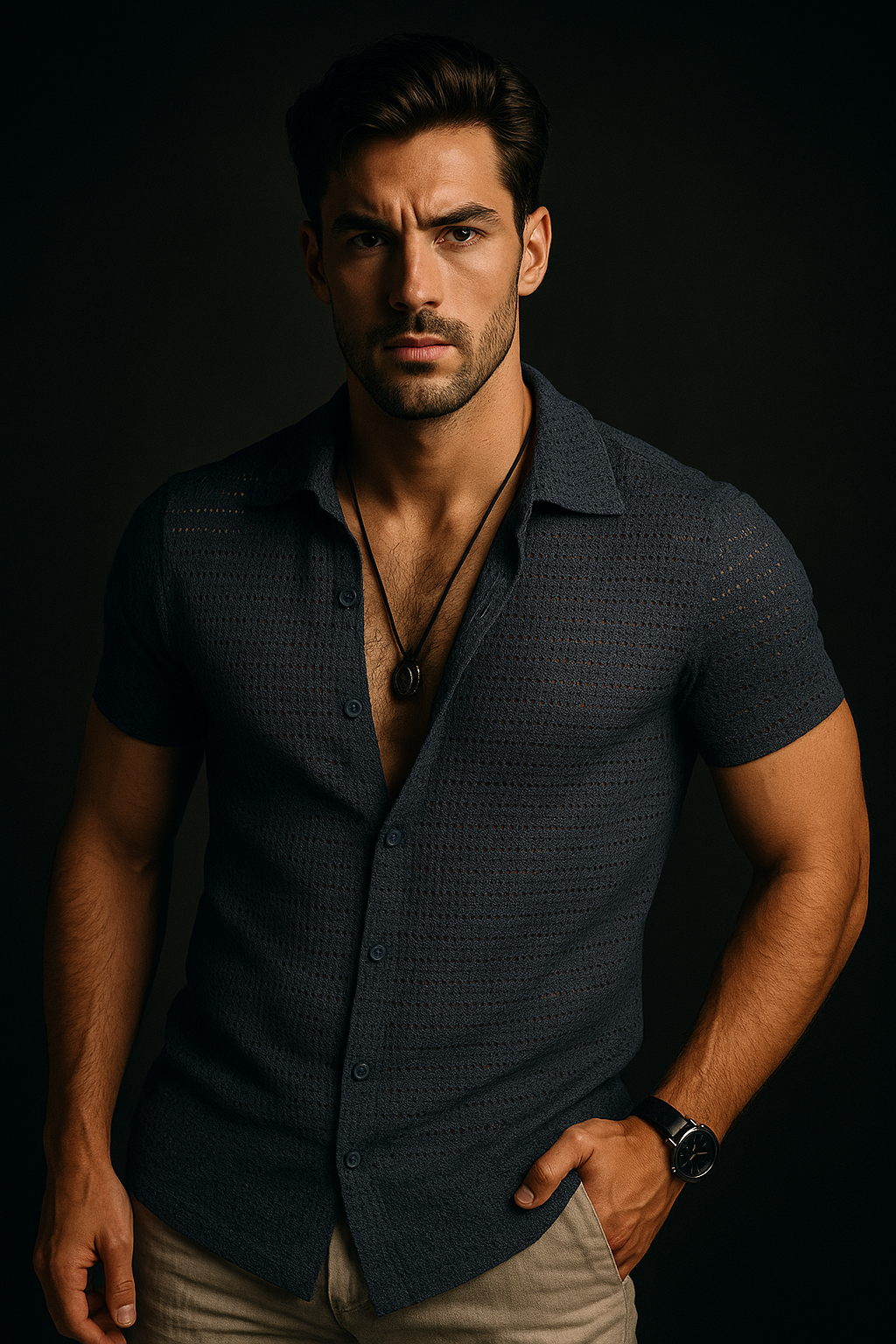 Light Navy Blue Cuban Collared Crochet Knitted Slim Fit half Sleeves Shirt | TOG Fashion