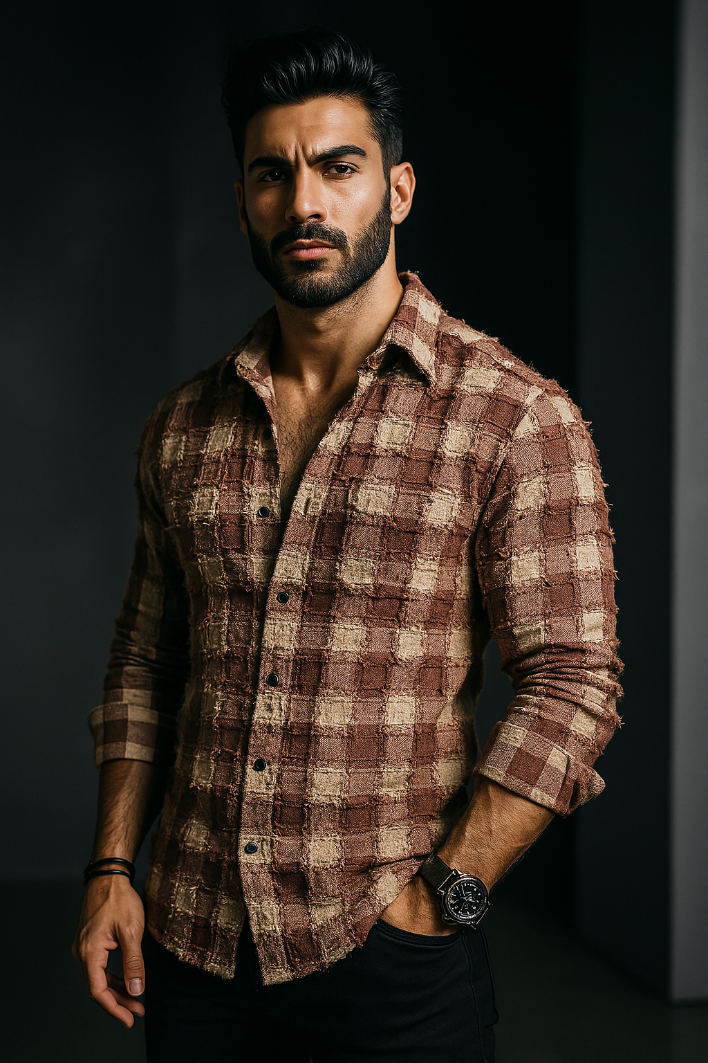 Brown Box Threaded Design Pattern Regular Fit Full Sleeves Shirt | TOG Fashion