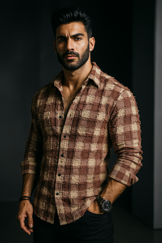 Brown Box Threaded Design Pattern Regular Fit Full Sleeves Shirt | TOG Fashion