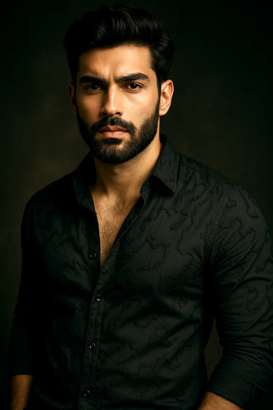 Black Embroidered Regular Fit Full Sleeves Shirt | TOG Fashion