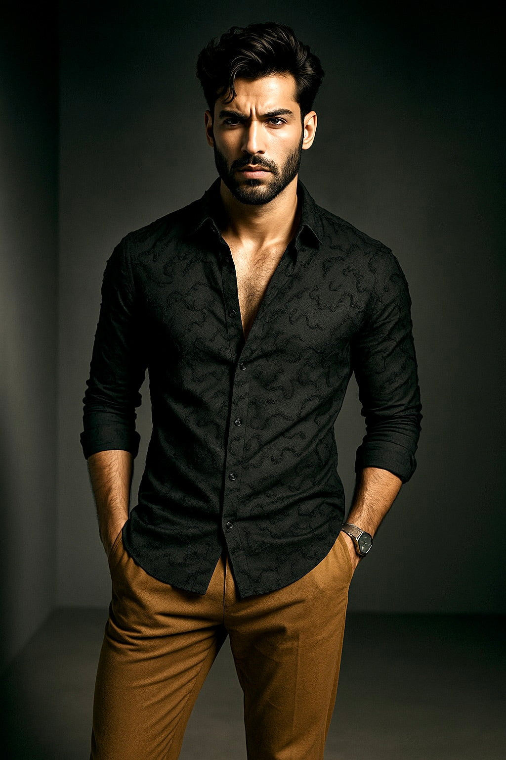 Black Embroidered Regular Fit Full Sleeves Shirt | TOG Fashion