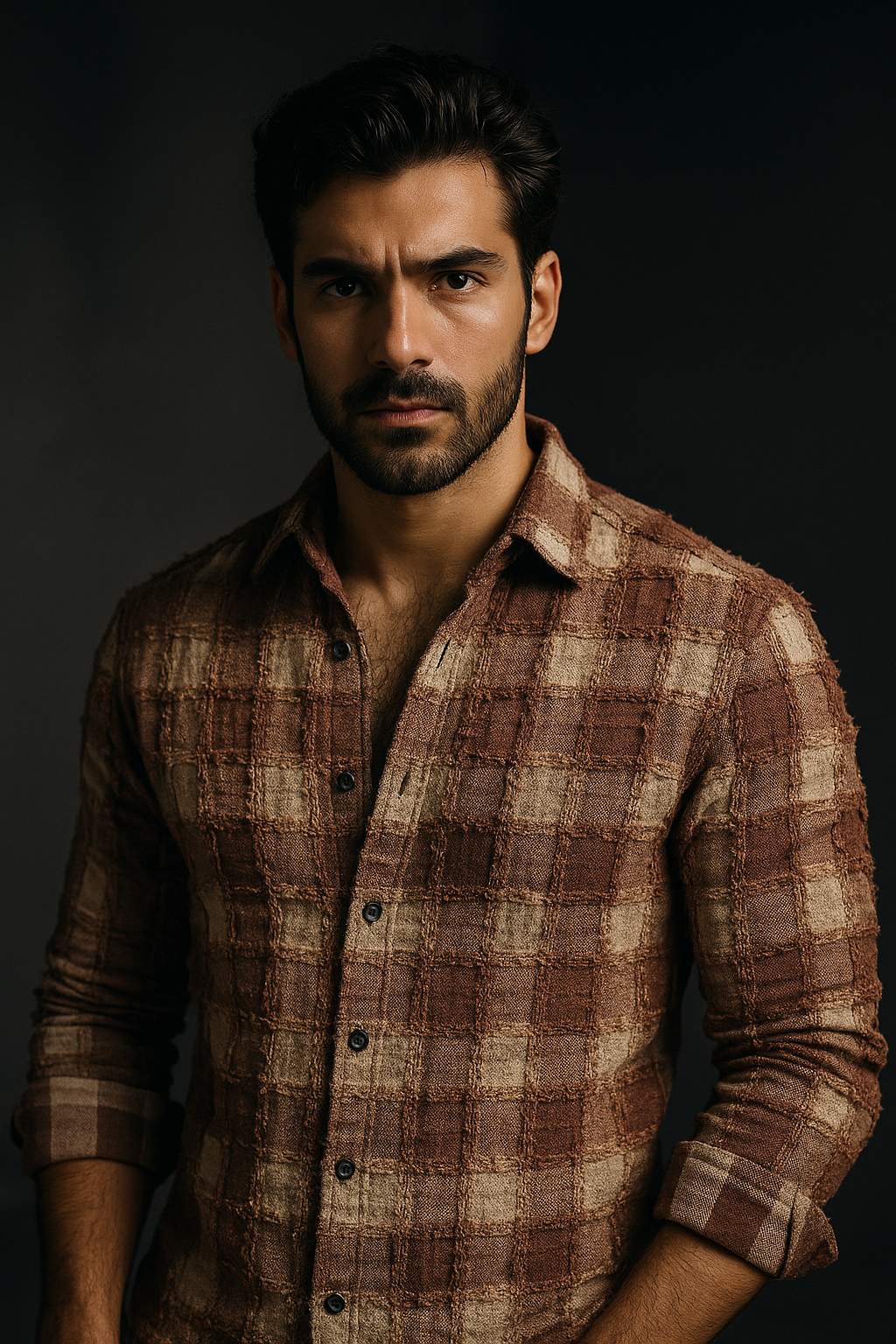 Brown Box Threaded Design Pattern Regular Fit Full Sleeves Shirt | TOG Fashion