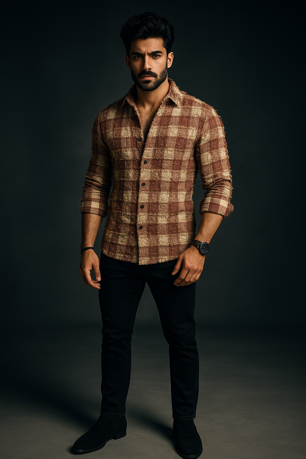 Brown Box Threaded Design Pattern Regular Fit Full Sleeves Shirt | TOG Fashion