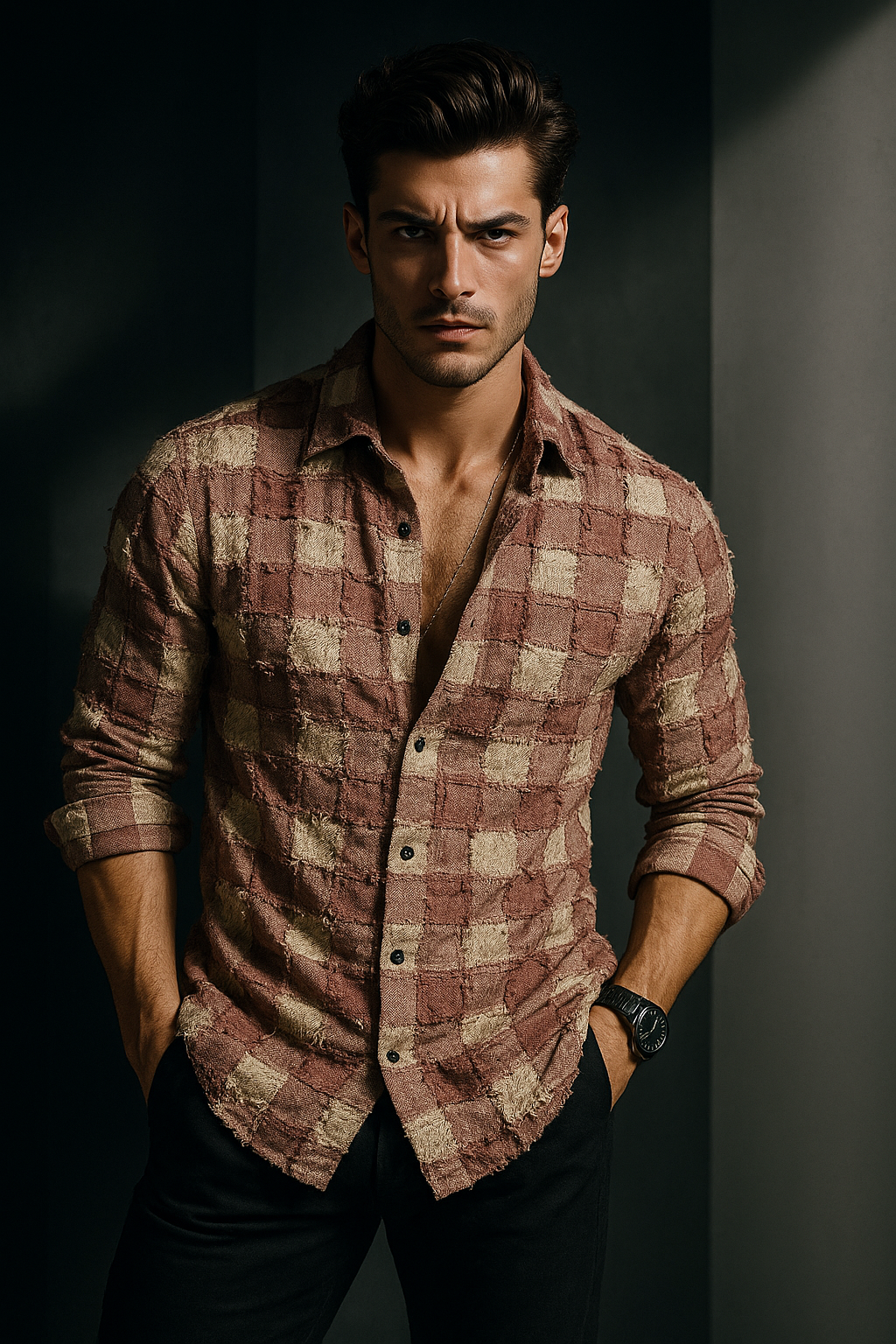 Brown Box Threaded Design Pattern Regular Fit Full Sleeves Shirt | TOG Fashion