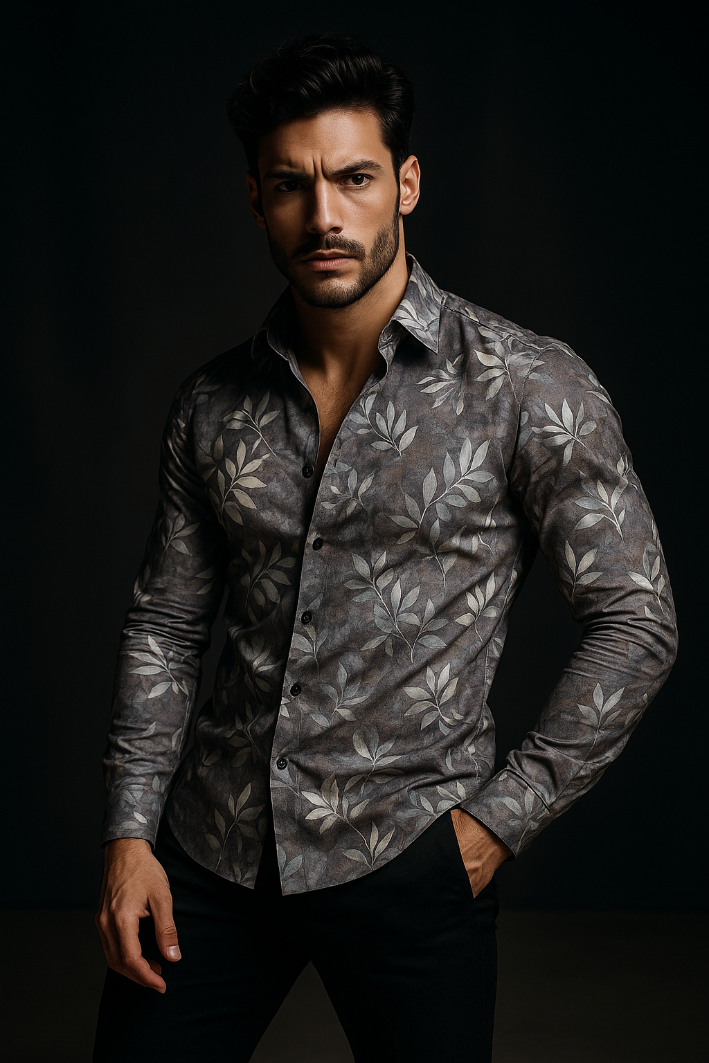 Grey lycra Floral Print Regular Fit Full Sleeves Casual Shirt | TOG Fashion