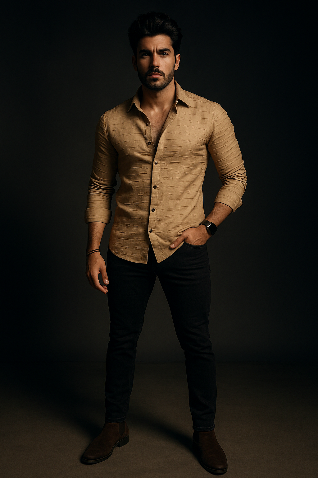 Tan Designer Stitched Slim fit Full Sleeves Casual Shirt | TOG Fashion