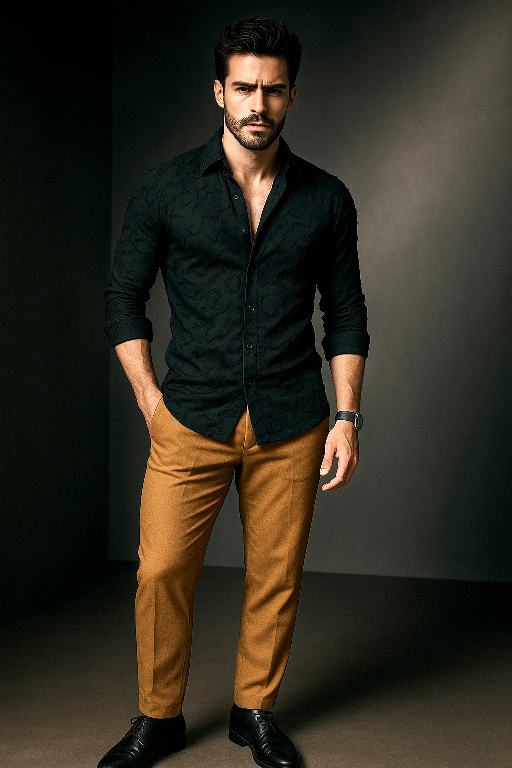 Black Embroidered Regular Fit Full Sleeves Shirt | TOG Fashion