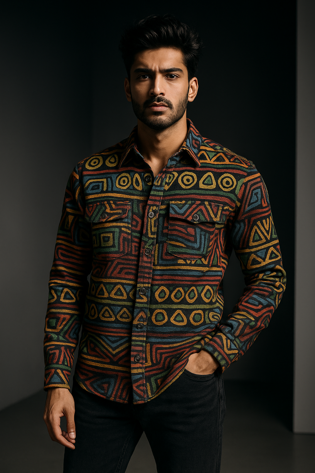 Multi-Color Bull Shacket Native Dark Patterned Regular Fit Shirt | TOG Fashion
