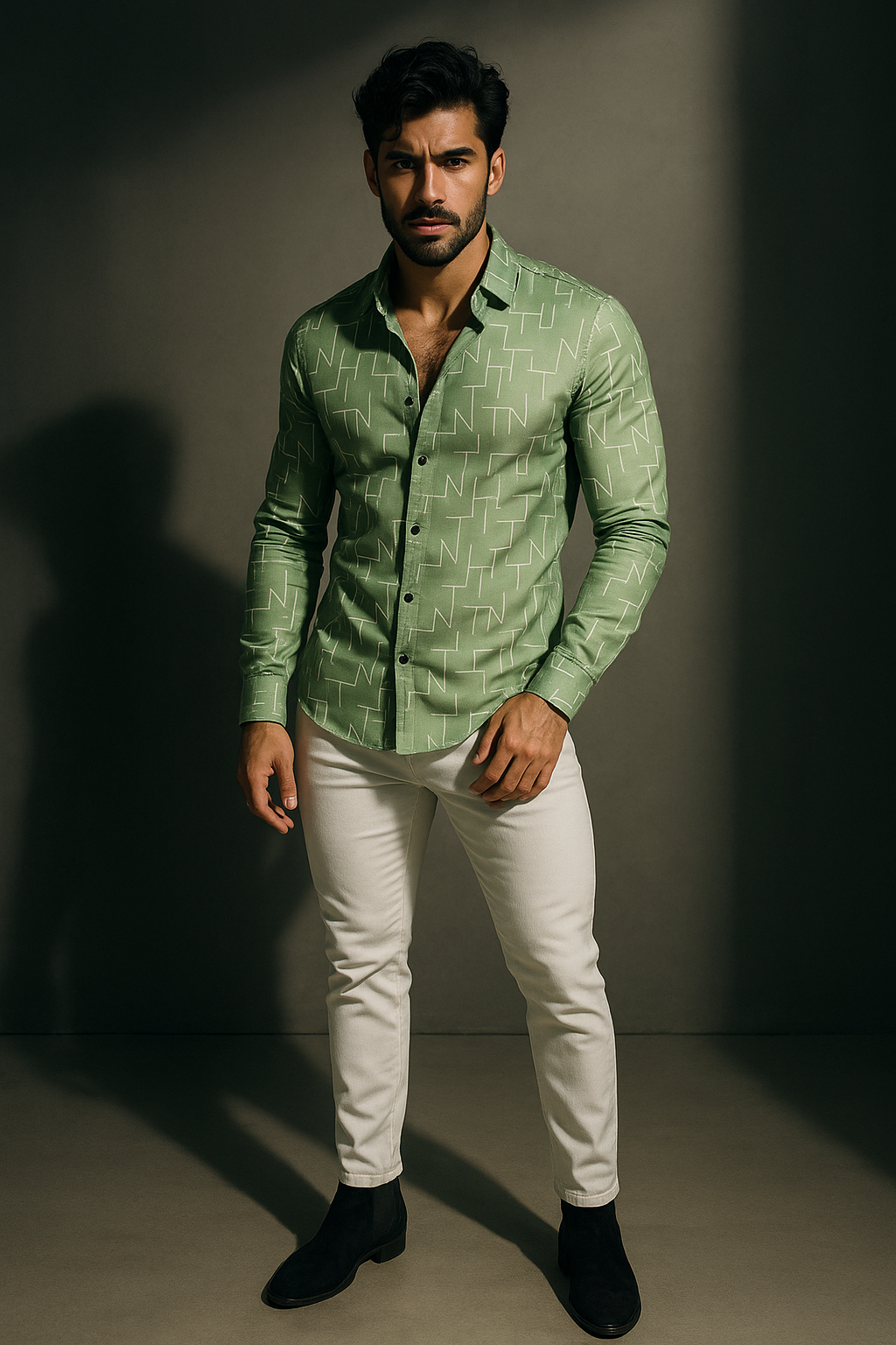 Green Designer Print Slim Fit Full Sleeves Shirt | TOG Fashion