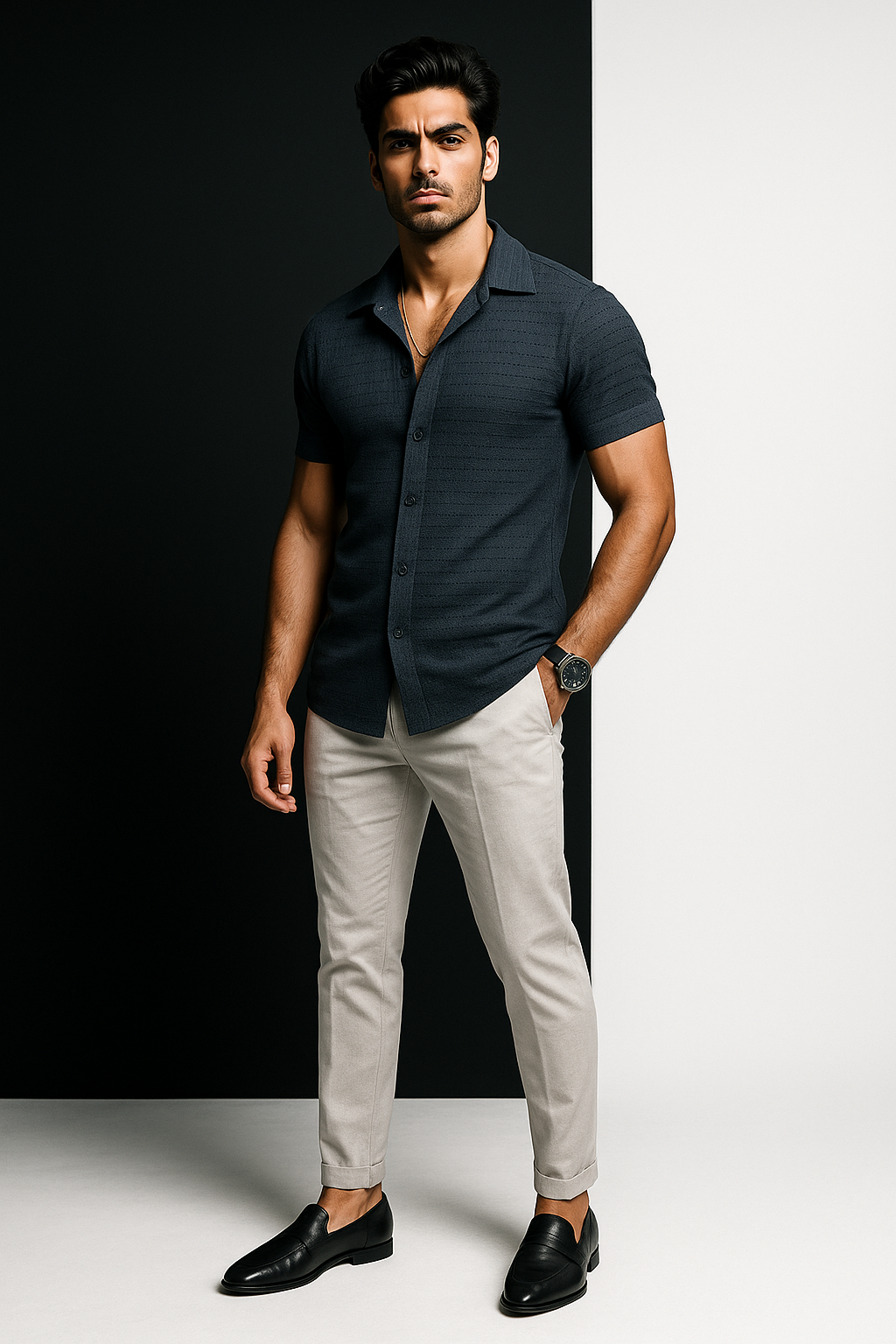 Light Navy Blue Cuban Collared Crochet Knitted Slim Fit half Sleeves Shirt | TOG Fashion