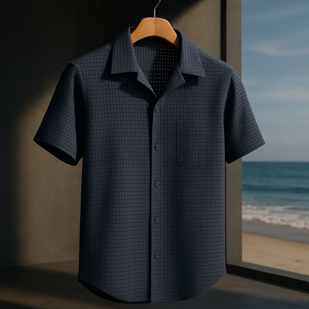 Light Navy Blue Cuban Collared Crochet Knitted Slim Fit half Sleeves Shirt | TOG Fashion