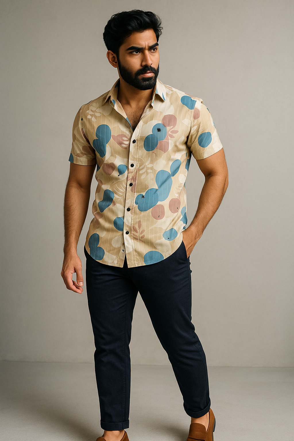 Beige Floral Print Lapel Collar Regular Fit Casual Shirt | TOG Fashion