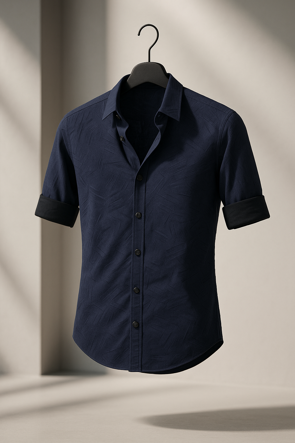 Navy Blue Textured Slim Fit Full Sleeves Shirt | TOG Fashion