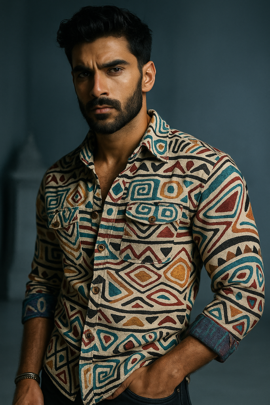 Multi-Color Bull Shacket Native Light Patterned Regular Fit Shirt | TOG Fashion