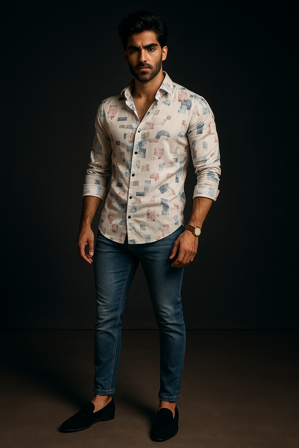 White Abstract Print Slim Fit Full Sleeves Casual Shirt | TOG Fashion