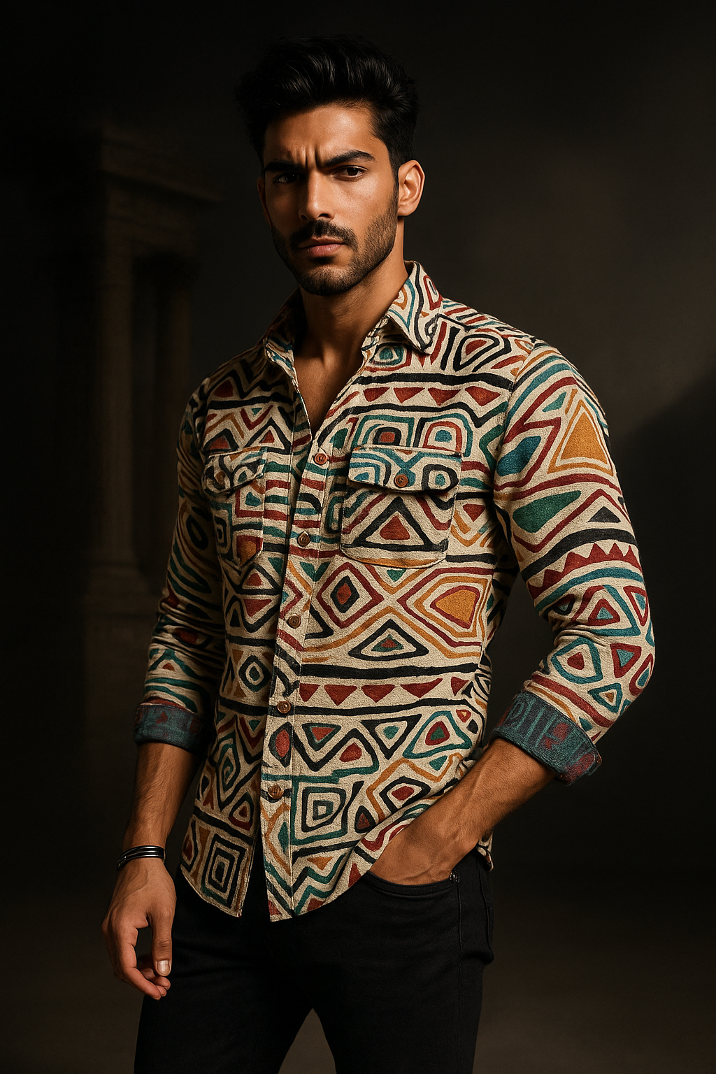 Multi-Color Bull Shacket Native Light Patterned Regular Fit Shirt | TOG Fashion