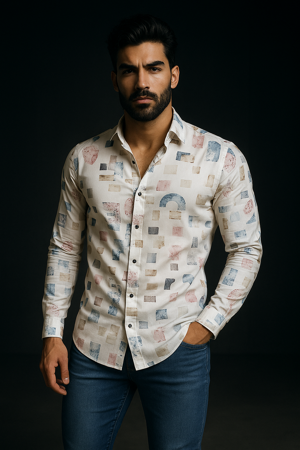 White Abstract Print Slim Fit Full Sleeves Casual Shirt | TOG Fashion