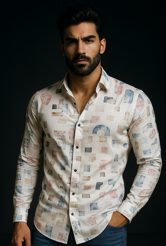 White Abstract Print Slim Fit Full Sleeves Casual Shirt | TOG Fashion