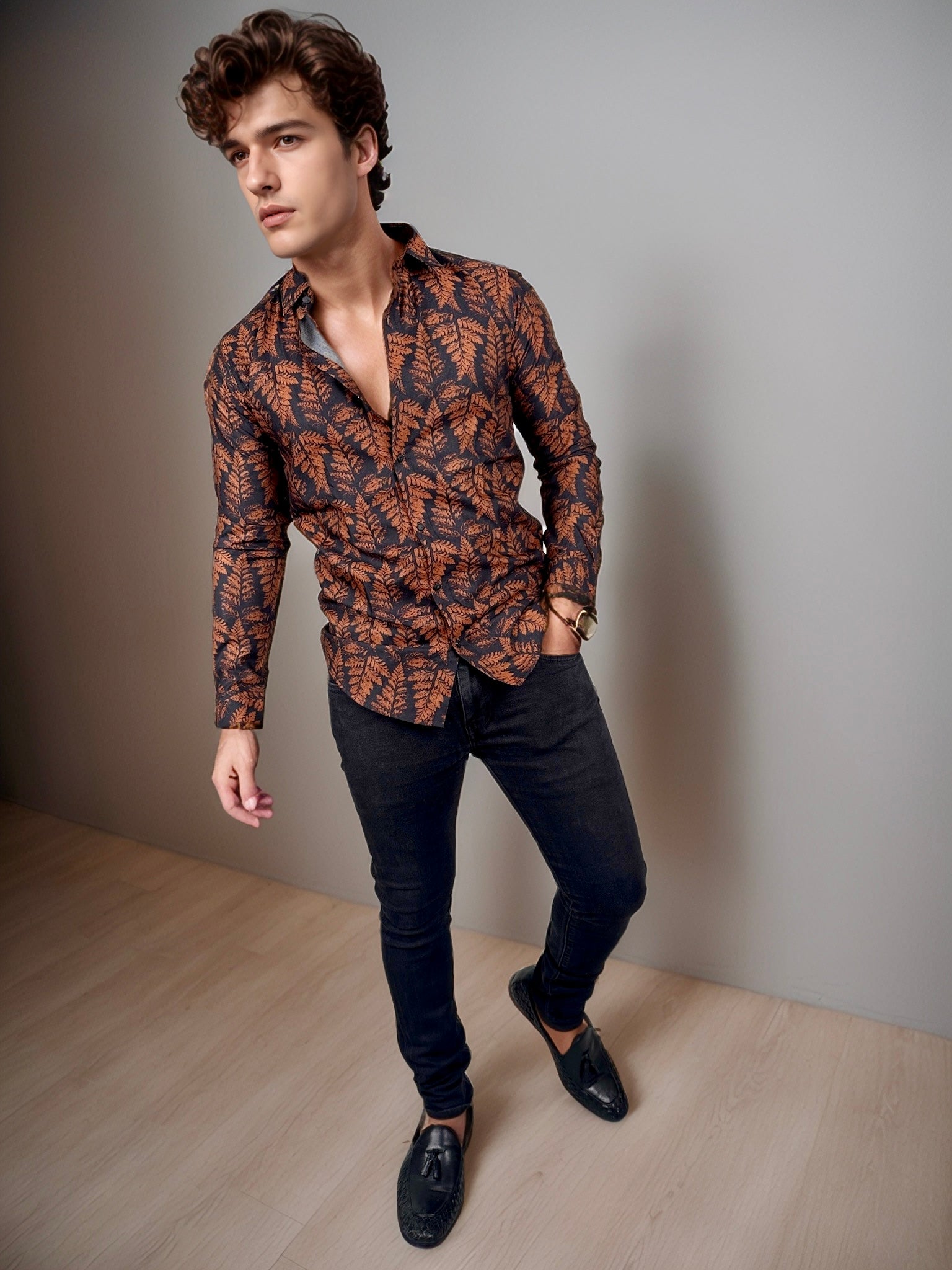 Black and Brown Printed Regular Fit Full Sleeves Shirt | TOG Fashion