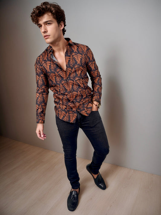 Black and Brown Printed Regular Fit Full Sleeves Shirt | TOG Fashion