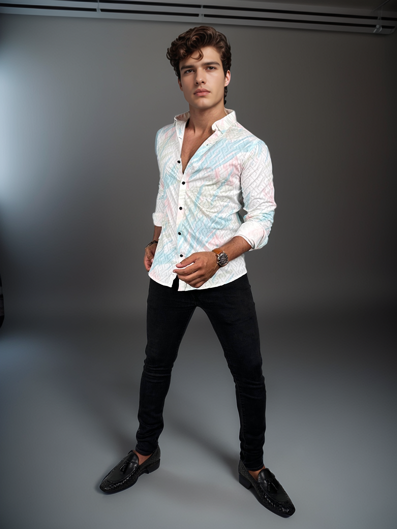 White Party Wear Blue Printed Slim fit Full Sleeves Shirt | TOG Fashion