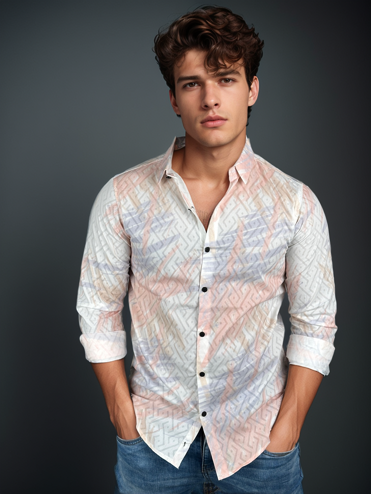 White Party Wear Orange Printed Slim fit Full Sleeves Shirt | TOG Fashion